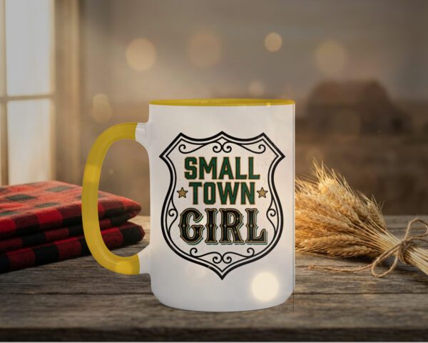 Small Town Girl Mug in yellow interior showing Saskatchewan design on white ceramic coffee mug