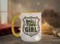 Small Town Girl Mug in yellow interior showing Saskatchewan design on white ceramic coffee mug