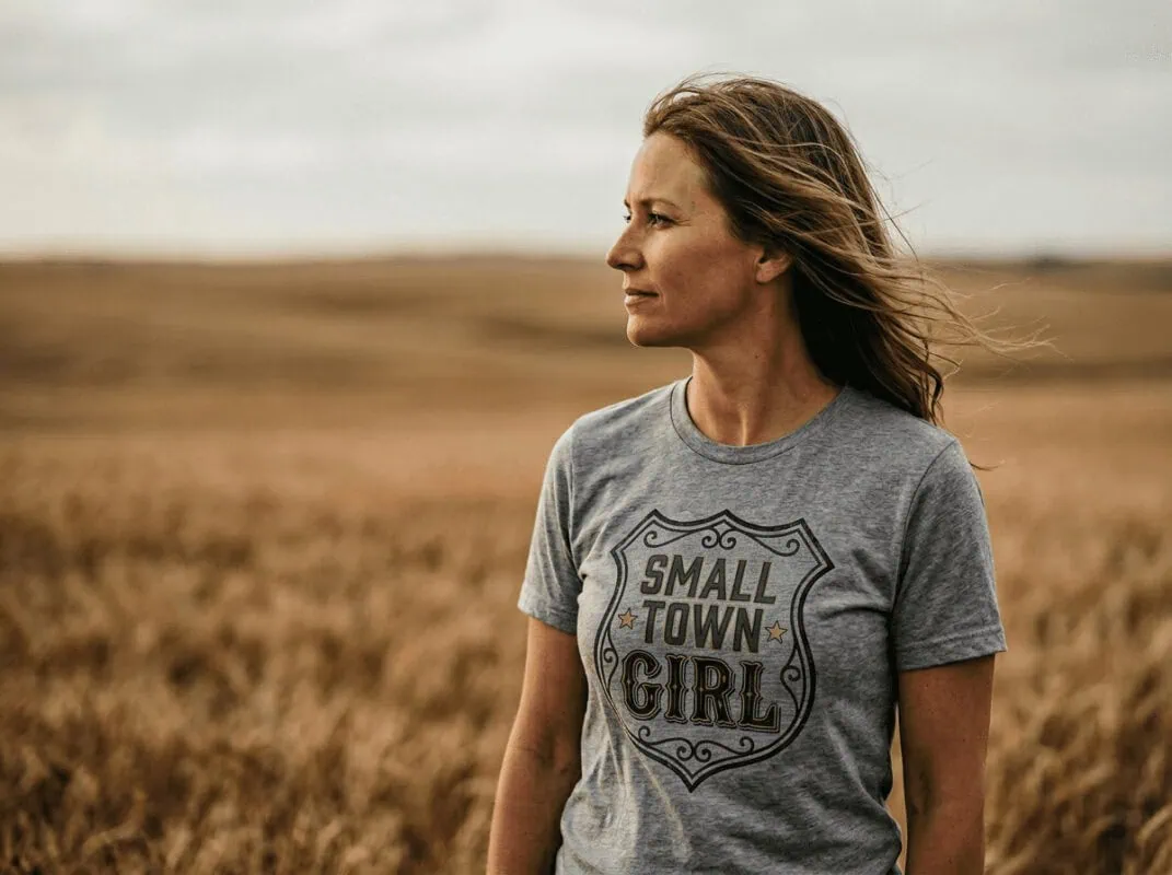 Small Town Girl T-Shirt in arctic blue showing prairie-inspired design