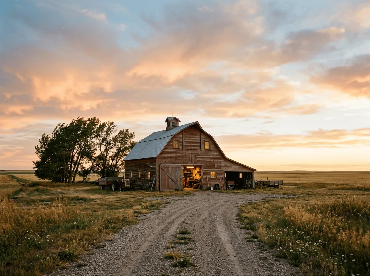 Grey Barn Handwerk workshop exterior in rural St. Gregor Saskatchewan at golden hour