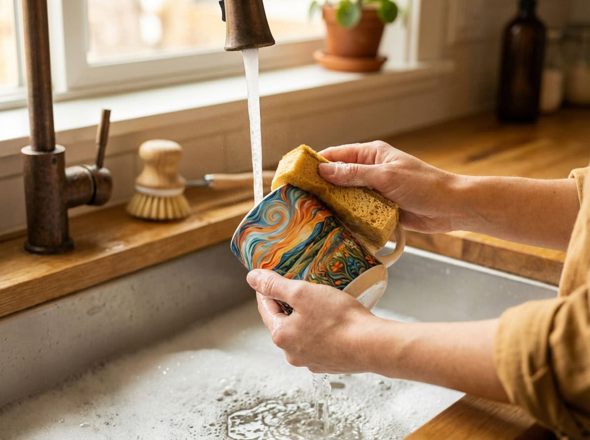 Hand Washing Your Sublimation Mug — Grey Barn Handwerk Care Guide Hand washing a sublimation ceramic mug with soft sponge under warm water