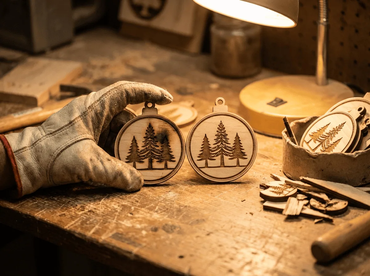 Close-up photo of a piece being inspected — a rejected laser-engraved ornament with a visible imperfection sits next to a perfect finished version on a workshop table. A small "reject" pile of wood pieces visible to the side. Warm workshop lighting. The feeling is honest quality control — showing that not everything makes the cut. Warm brown tones. Editorial craft photography. No people, no text, no logos.