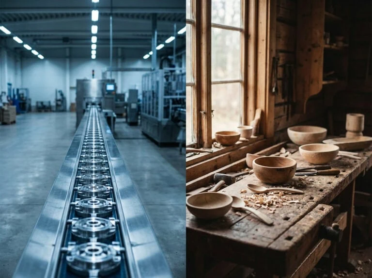 Handmade gifts vs mass produced — factory versus workshop contrast background