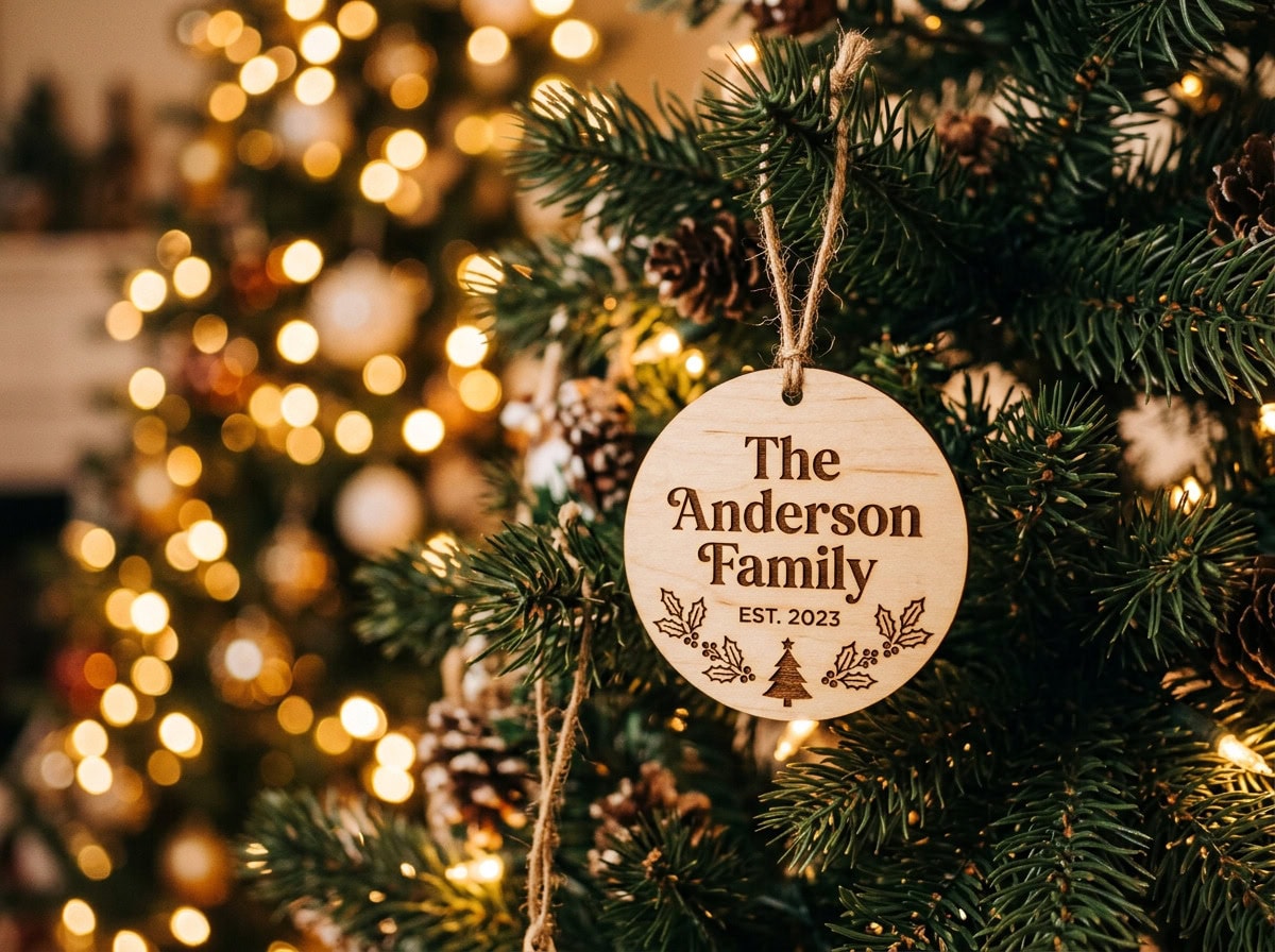 Holiday Gift Idea — Custom Ornament Saskatchewan Gift Guide Custom laser engraved family ornament on Christmas tree — Saskatchewan holiday gift