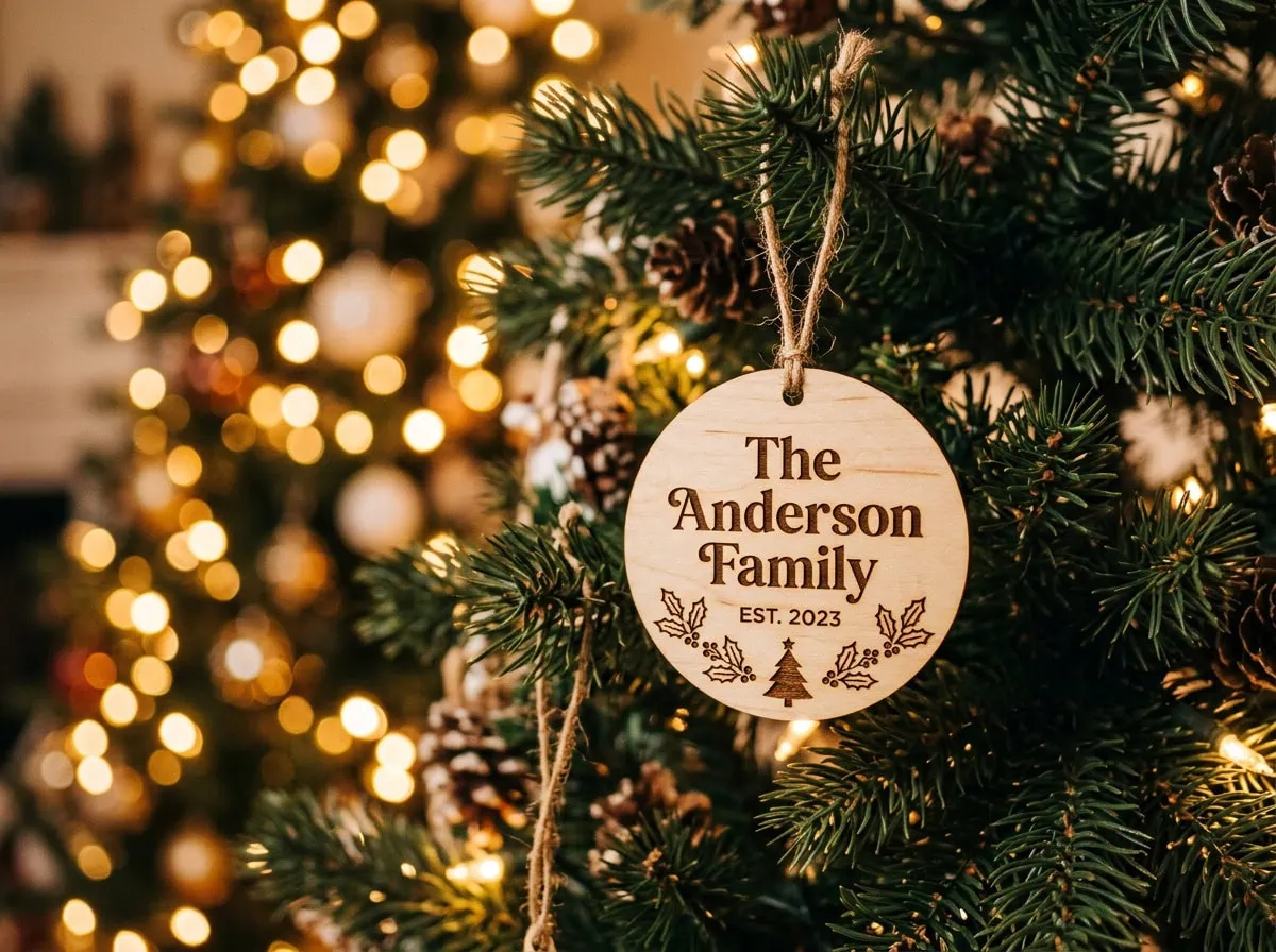 Custom laser engraved family ornament on Christmas tree — Saskatchewan holiday gift