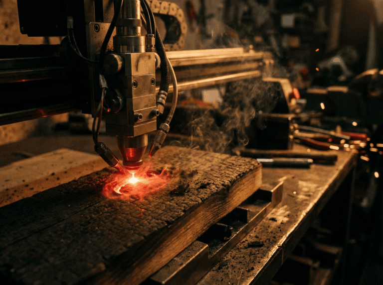 How laser engraving works — laser machine cutting wood close-up Grey Barn Handwerk