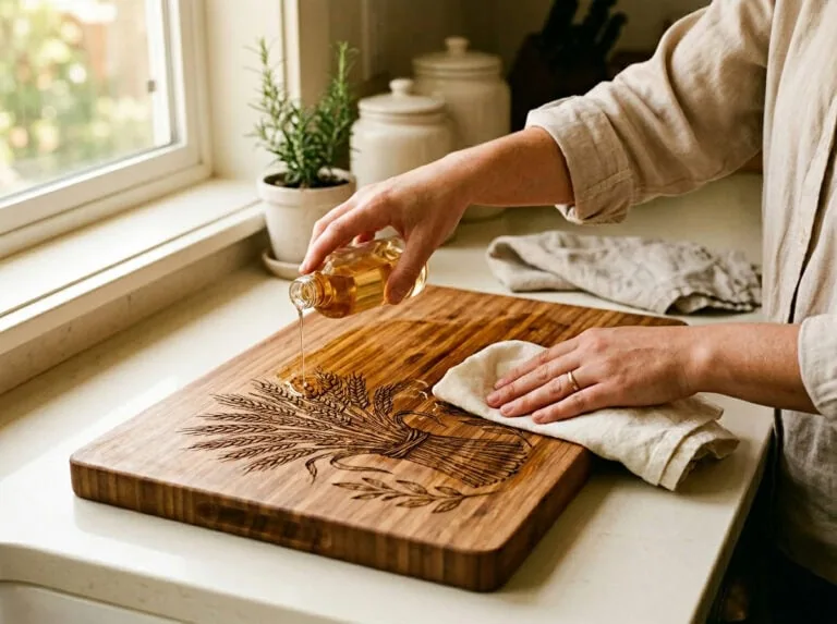 Laser engraved cutting board care — oiling with food-safe mineral oil on kitchen counter