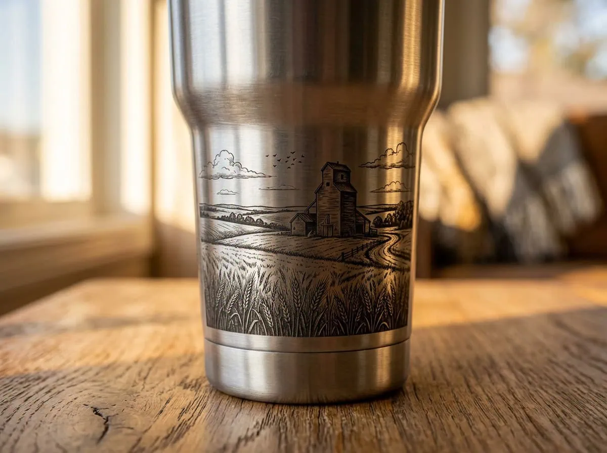Close-up laser engraving detail on stainless steel tumbler — permanent etched design