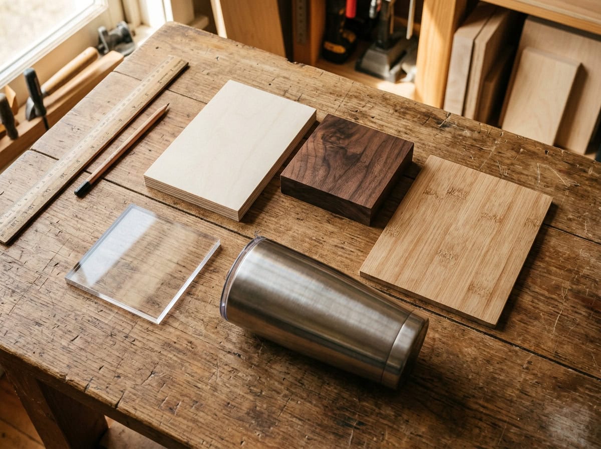 Laser Engraving Materials — Grey Barn Handwerk Workshop Different materials for laser engraving — wood bamboo stainless steel on workshop table