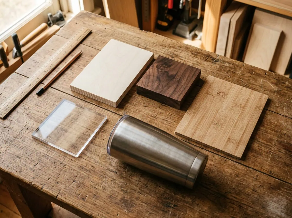 Different materials for laser engraving — wood bamboo stainless steel on workshop table