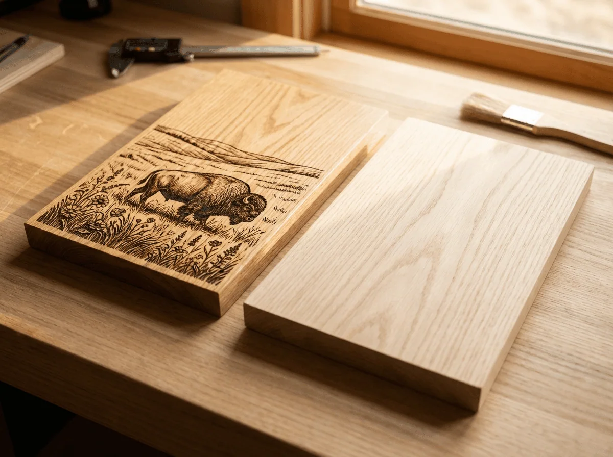 Before and after laser engraving — raw wood and engraved prairie design comparison