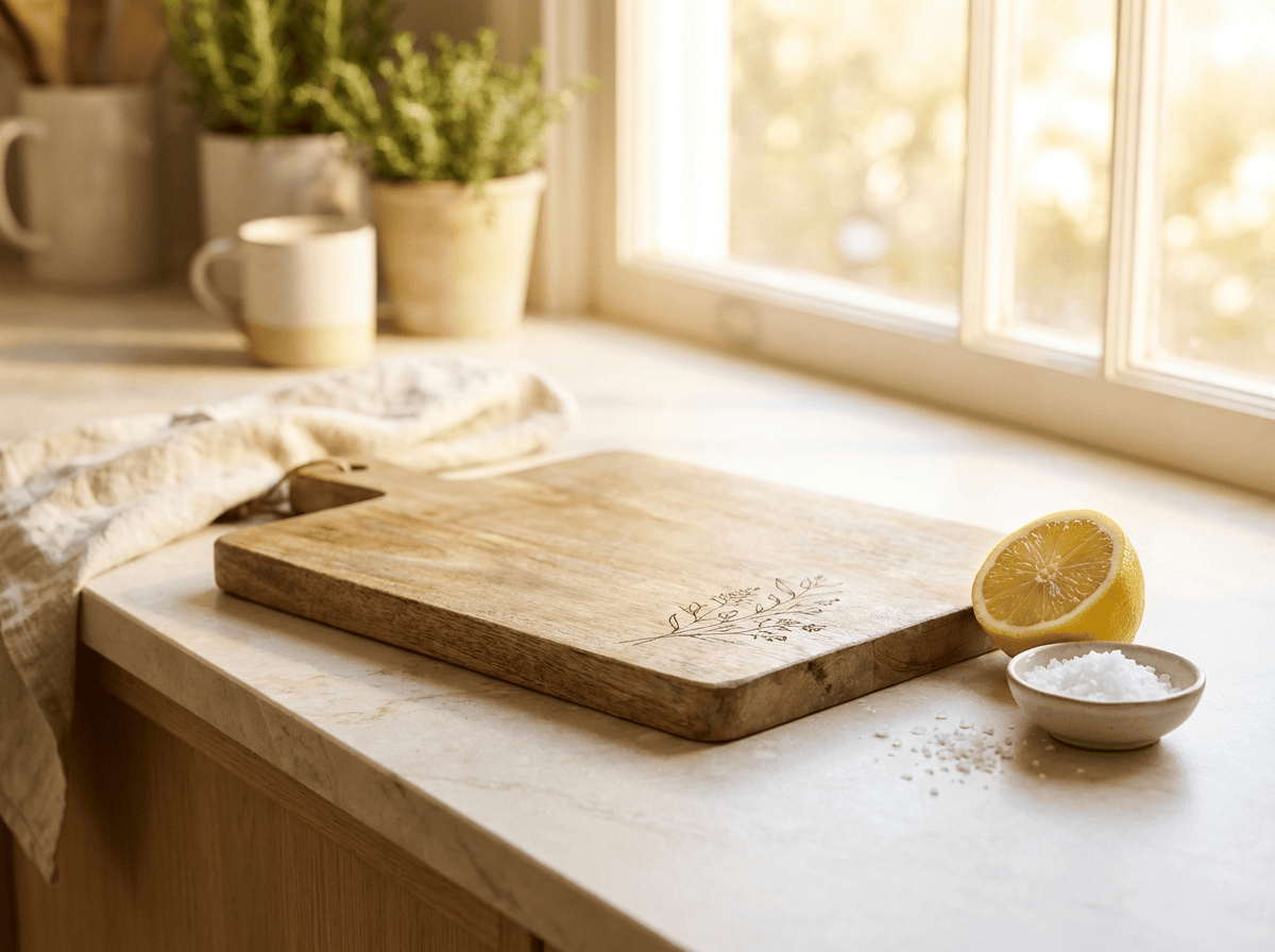 Lemon and coarse salt beside laser engraved cutting board for natural stain removal