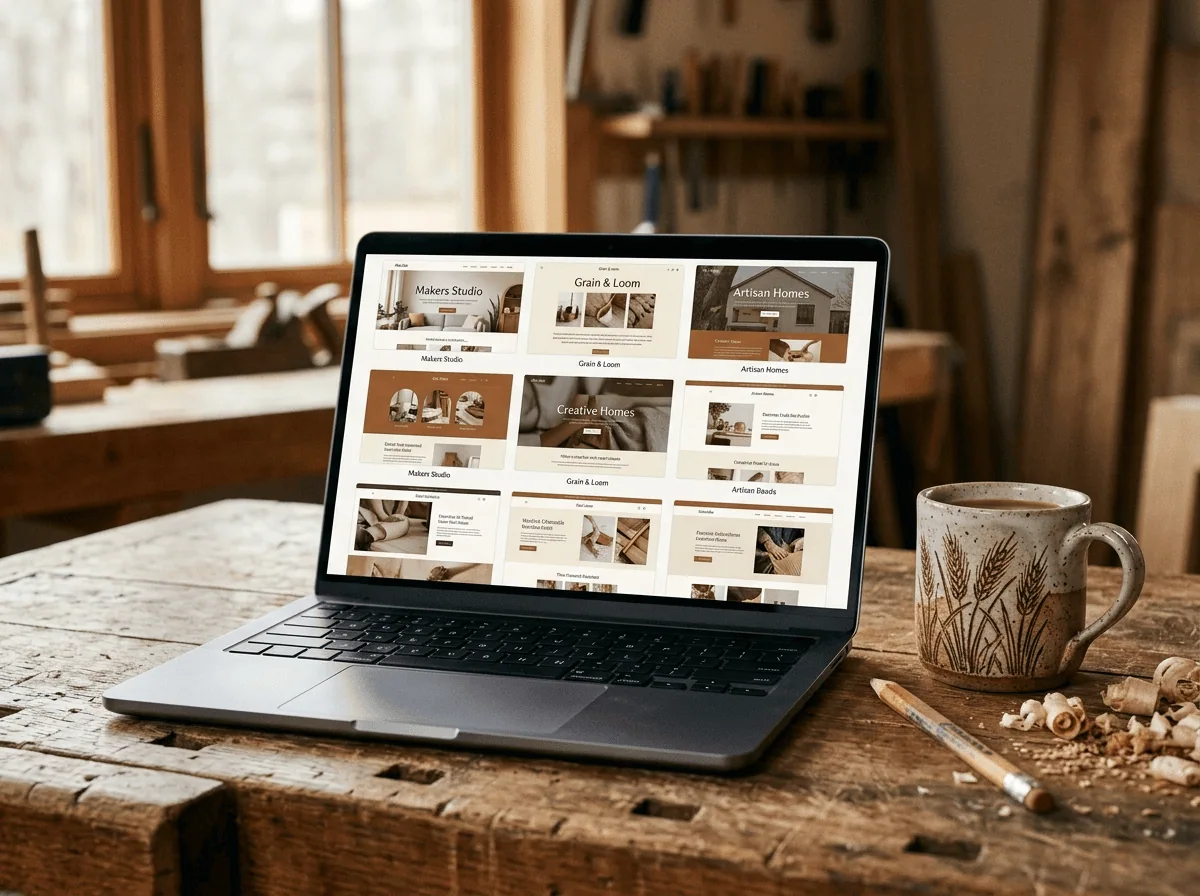 Grey Barn Handwerk is back, Grey Barn Handwerk Design Gallery on laptop screen in St. Gregor workshop with Saskatchewan handmade gifts mug