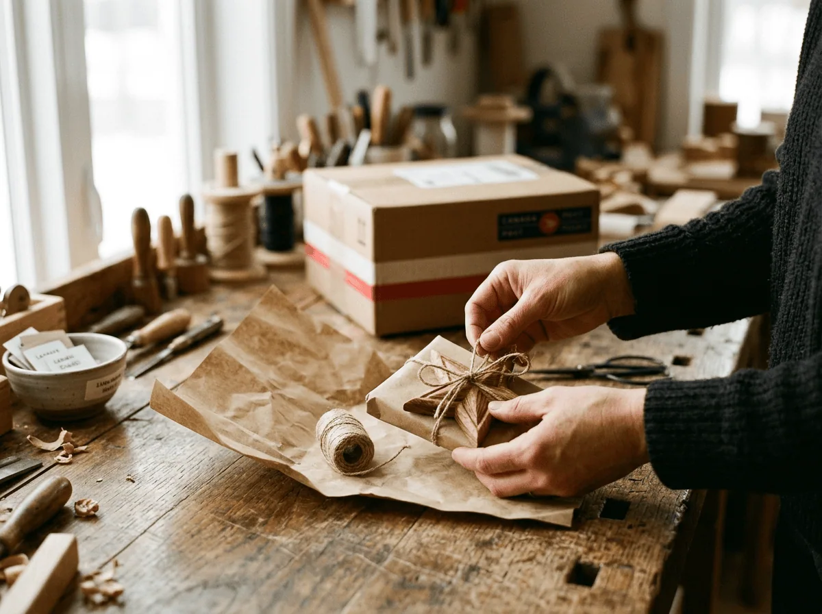 Handcrafted Saskatchewan handmade gift ornament being wrapped for shipping at Grey Barn Handwerk