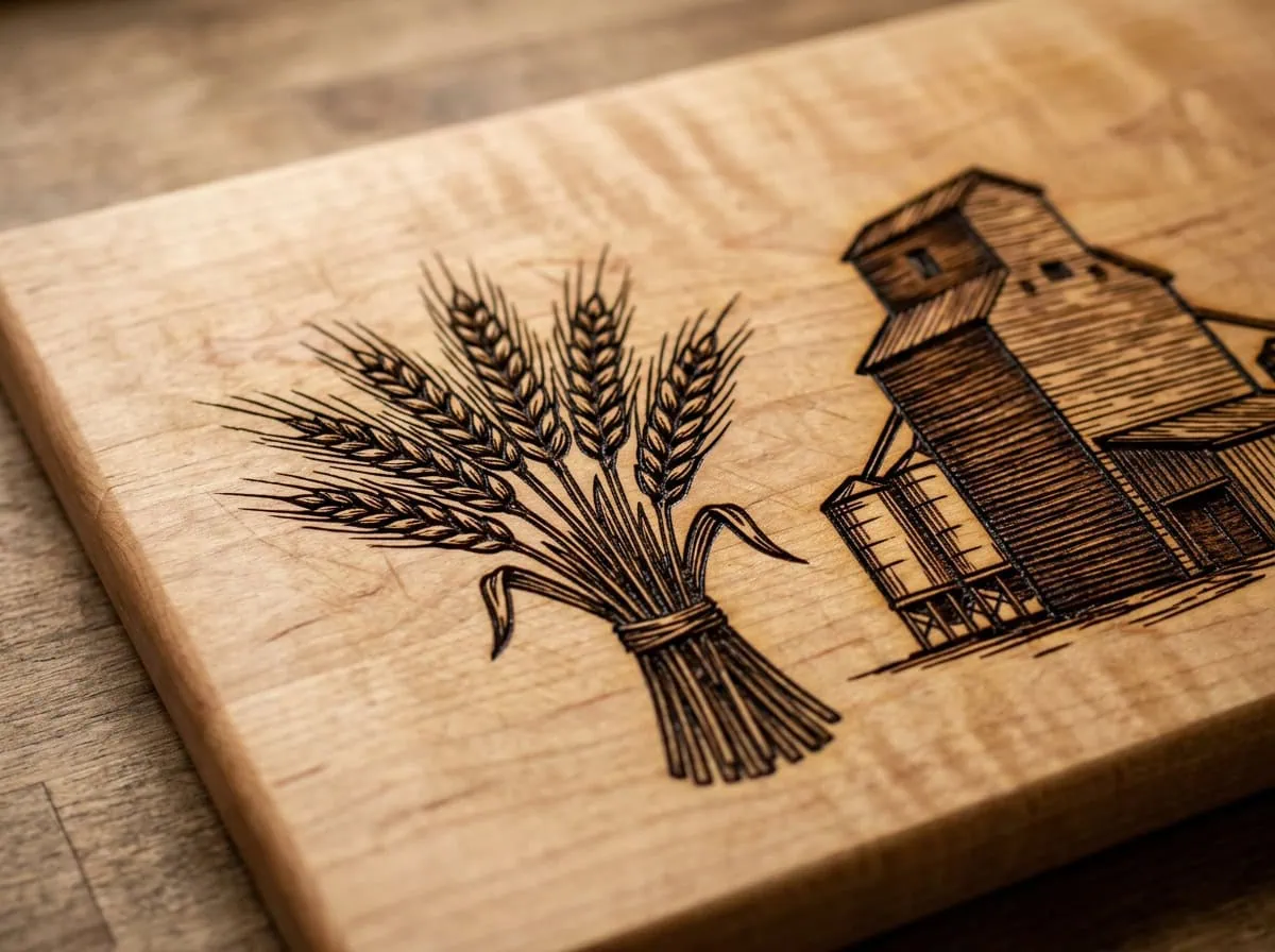Close-up detail of laser engraving on Grey Barn Handwerk cutting board showing prairie design