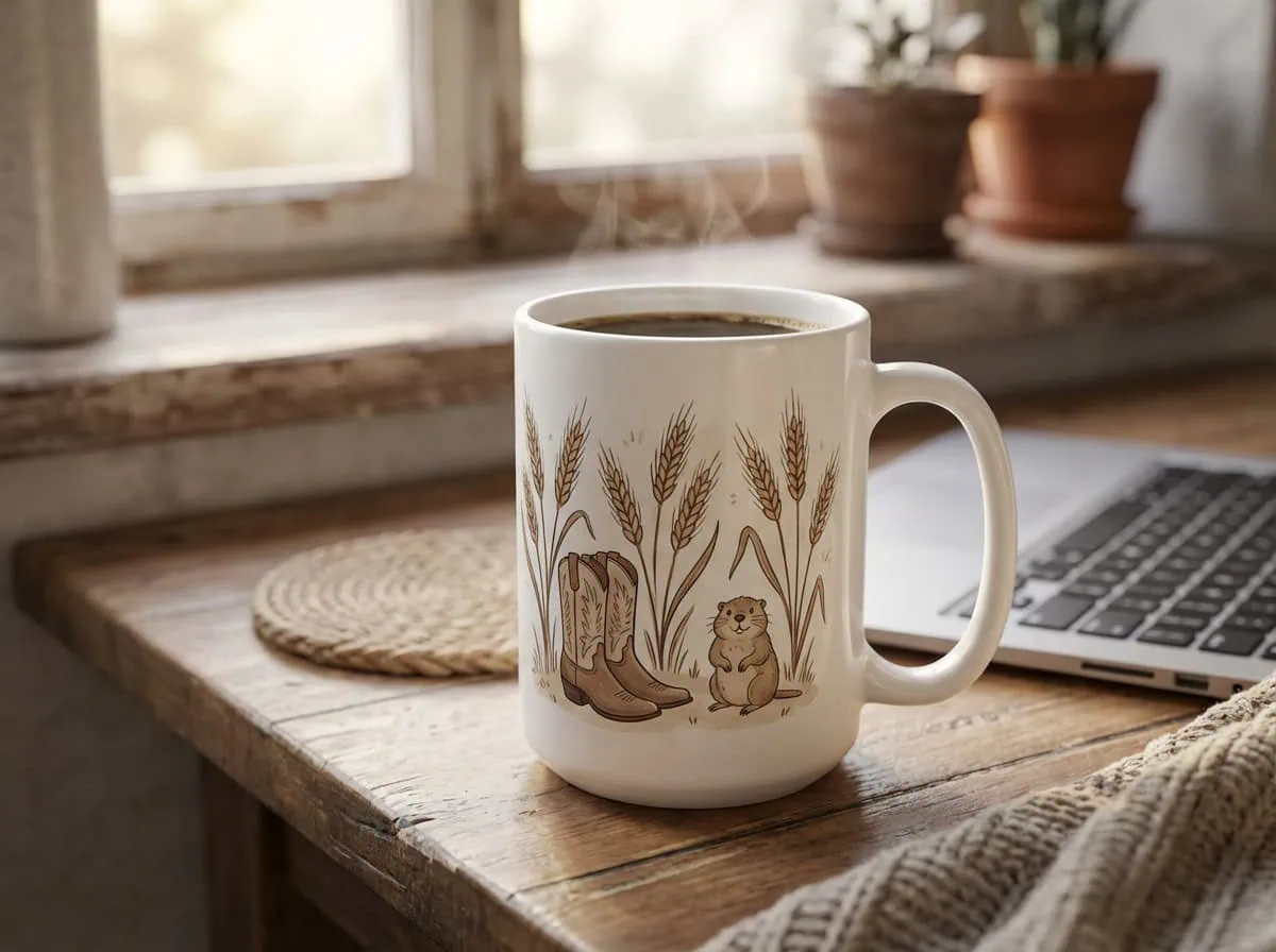 Custom ceramic mug with prairie design on desk — personalized drinkware Grey Barn Handwerk