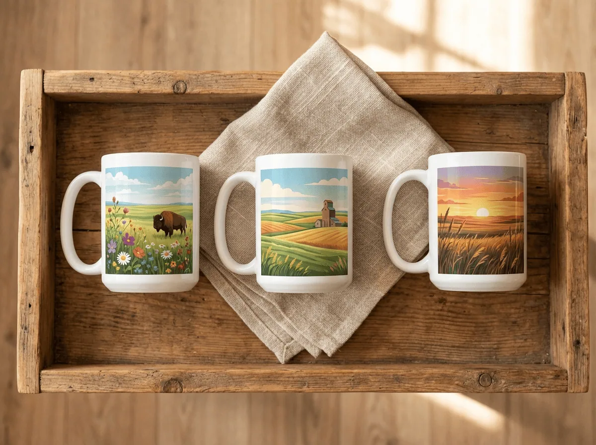 Custom sublimation mugs stored on wooden shelf with cloth between them