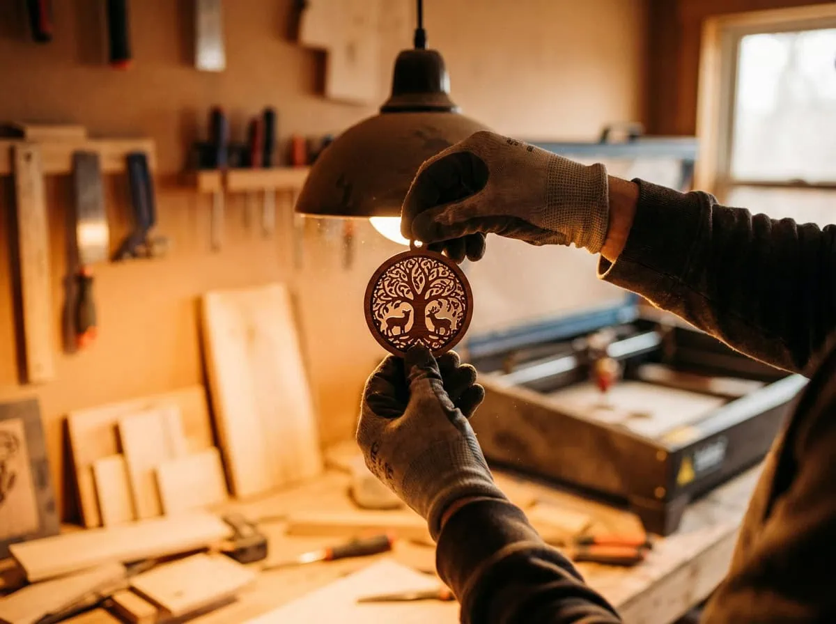 Hands inspecting laser engraved wooden ornament for quality at Grey Barn Handwerk workshop