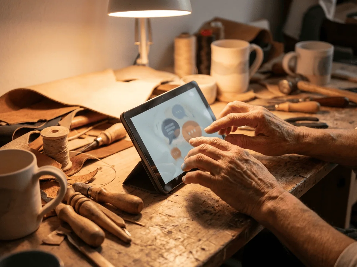 Small business owner responding to customer message at workshop desk