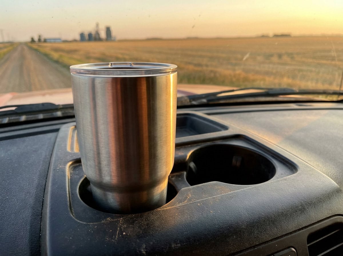 Road Ready — Stainless Steel Tumbler Prairie Life A Grey Barn stainless steel tumbler riding along on a Saskatchewan road trip.