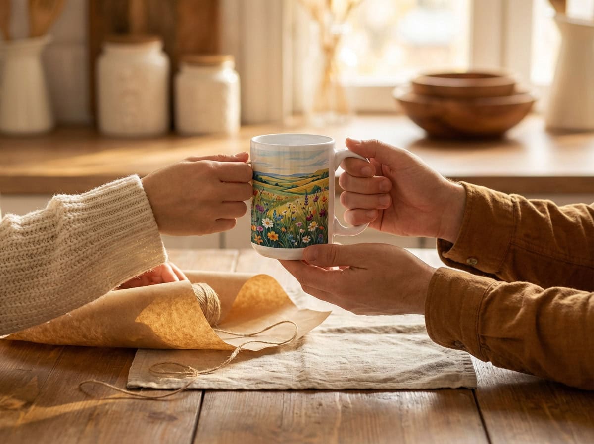 Saskatchewan Gift Giving — Grey Barn Handwerk Custom Mug Giving a custom ceramic mug as a gift — Saskatchewan gift guide idea