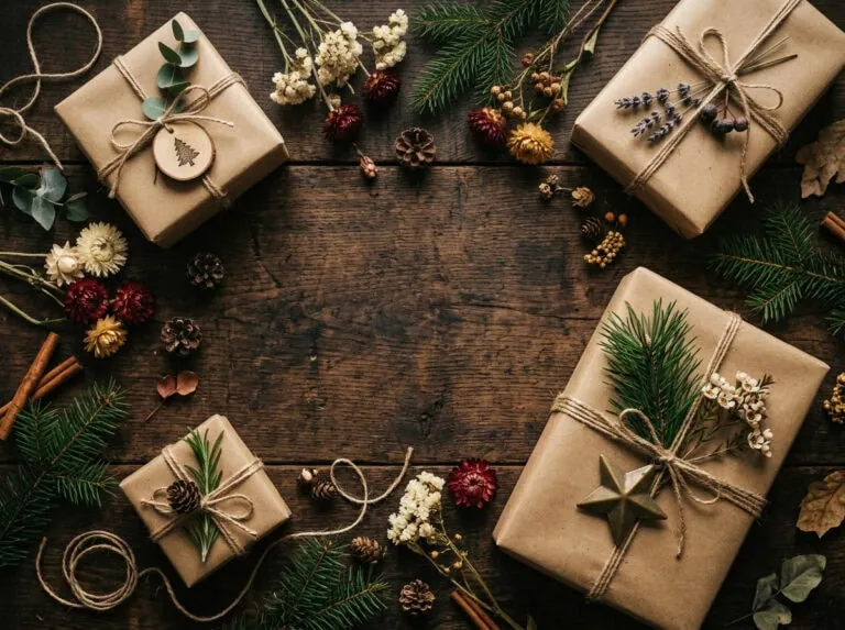 Saskatchewan gift guide — handcrafted gifts wrapped on rustic table Grey Barn Handwerk