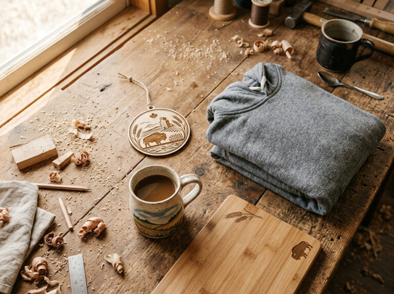 Saskatchewan handmade gifts displayed on workshop table at Grey Barn Handwerk in St. Gregor