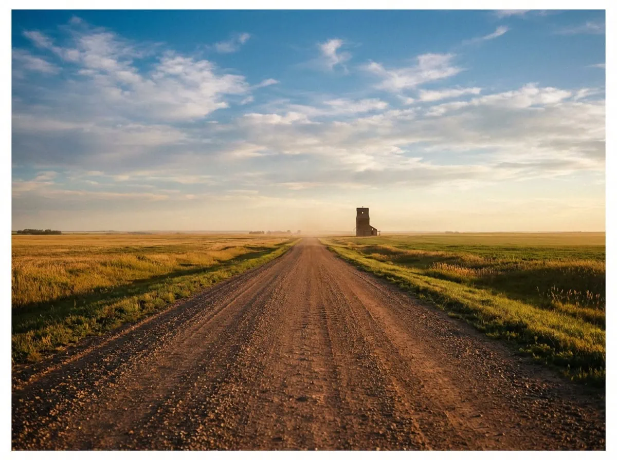 Saskatchewan gravel road through prairie farmland with grain elevator — prairie pride