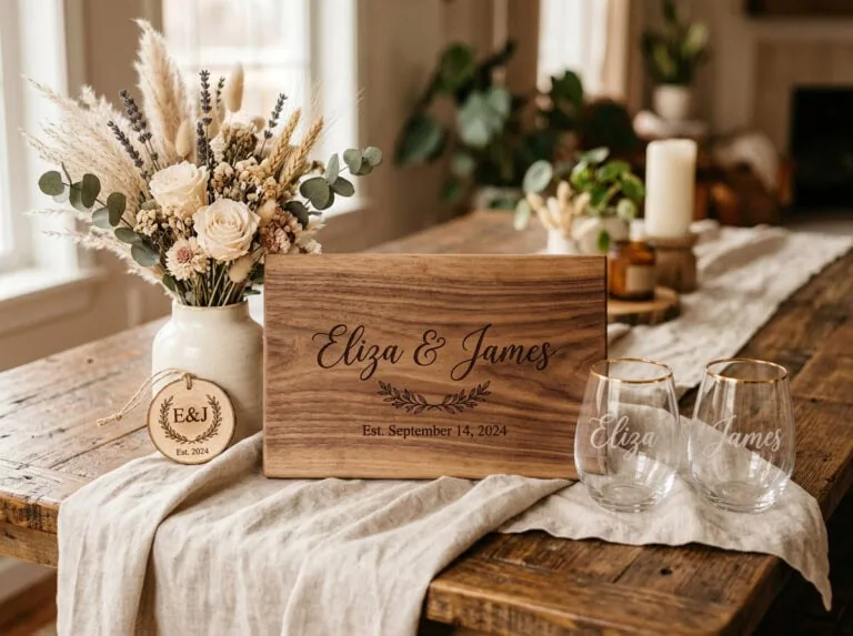 Saskatchewan wedding gifts — romantic flat lay with wildflowers and handcrafted items