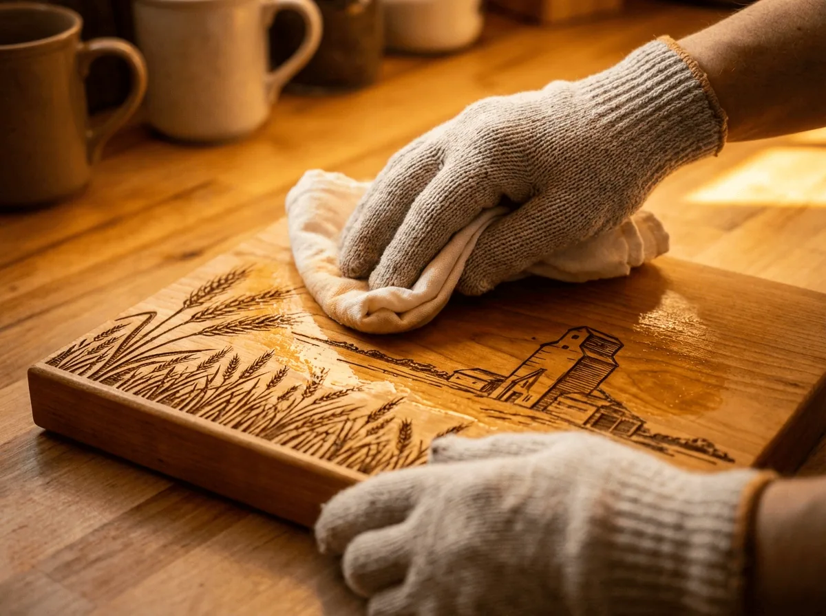 Hands oiling a laser engraved cutting board with mineral oil and soft cloth