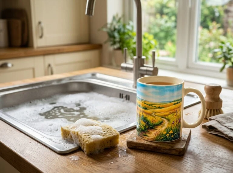 Sublimation mug care — prairie design mug beside kitchen sink with warm soapy water