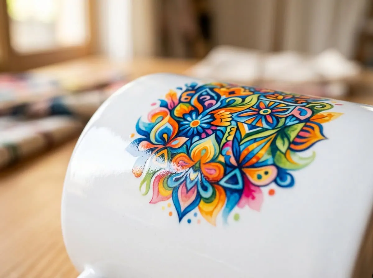 Close-up of sublimation print on ceramic mug showing vibrant embedded design