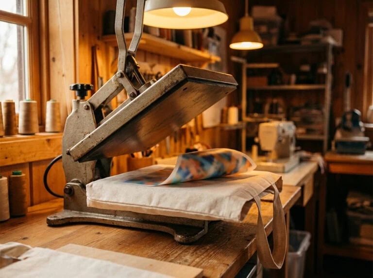 How sublimation printing works — heat press with mug inside at Grey Barn Handwerk workshop