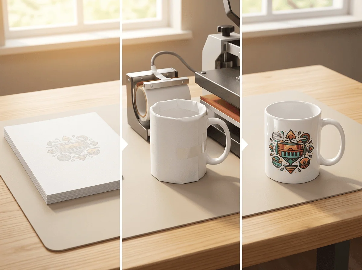 Sublimation process stages — transfer paper to wrapped mug to finished printed mug