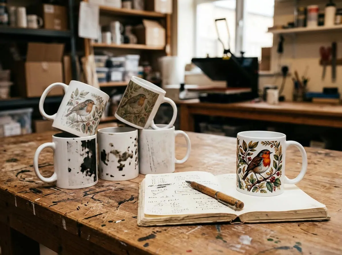 Rejected sublimation test mugs beside perfect finished mug — quality control process