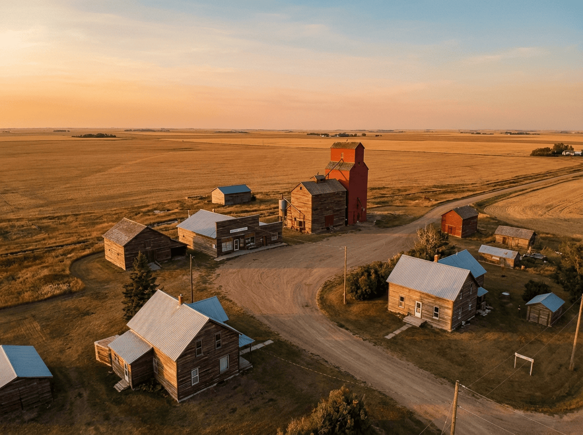 Small rural Saskatchewan town aerial view — supporting local handmade businesses