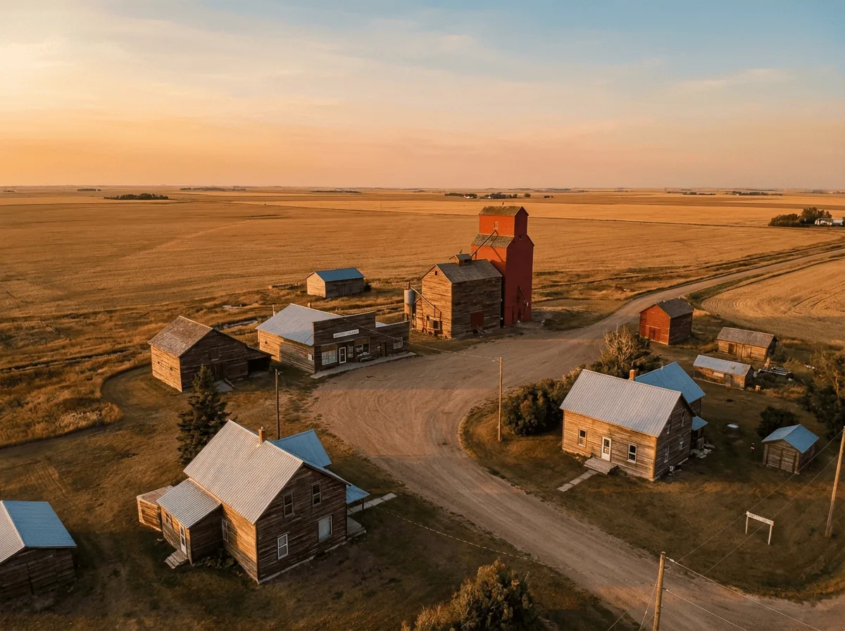 Small rural Saskatchewan town aerial view — supporting local handmade businesses