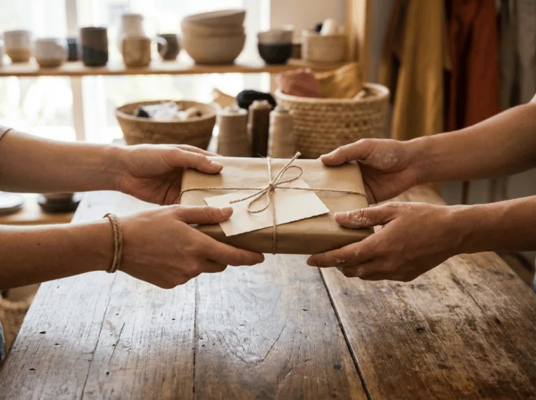 Support small Saskatchewan businesses — hands exchanging wrapped package at local shop