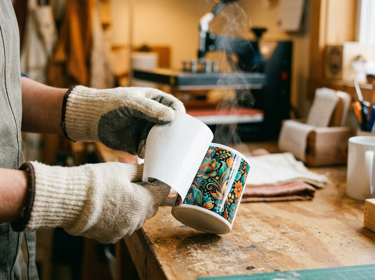 The Sublimation Reveal — Grey Barn Handwerk Workshop Peeling sublimation transfer paper off ceramic mug revealing vibrant design