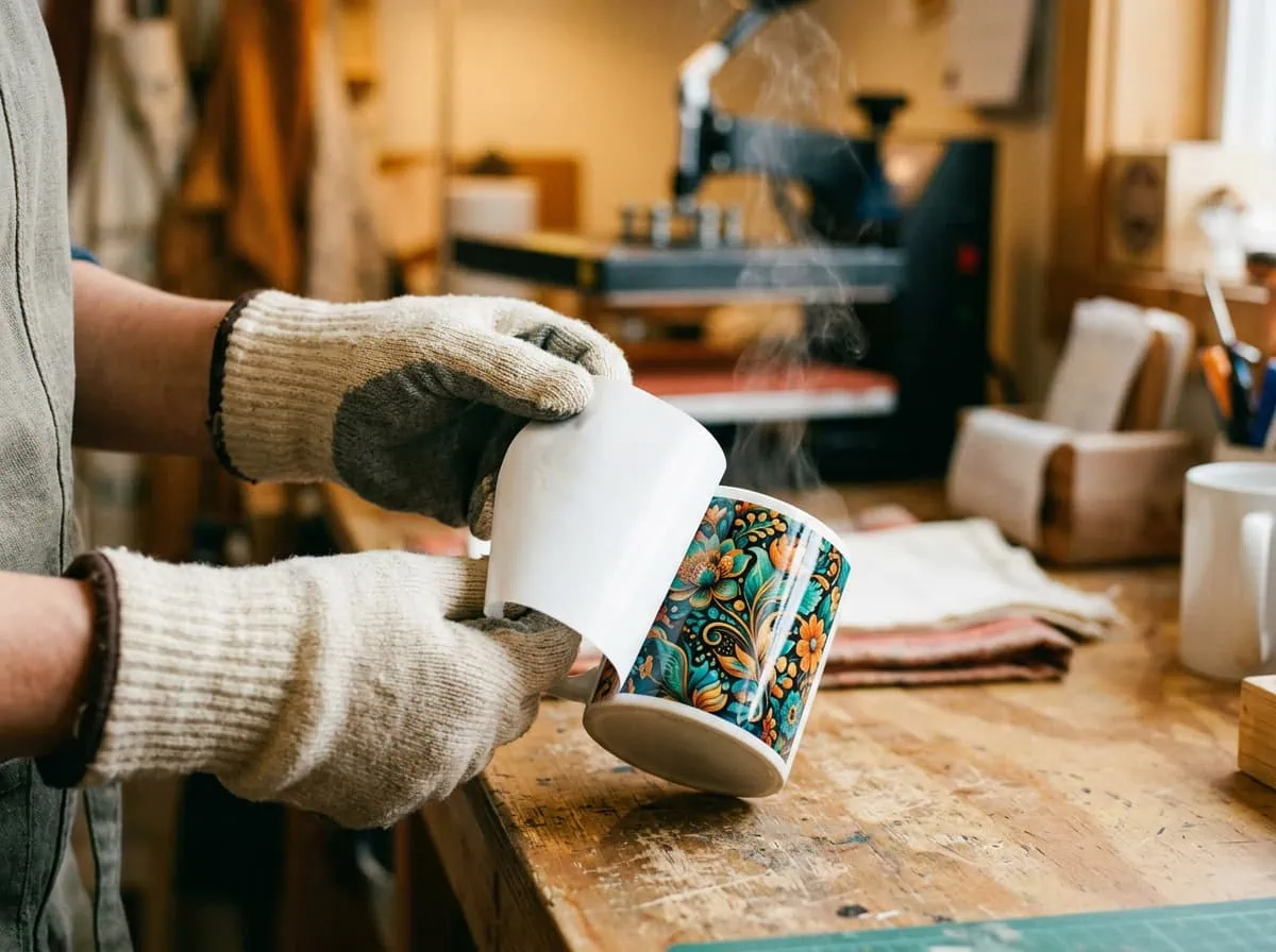 Peeling sublimation transfer paper off ceramic mug revealing vibrant design