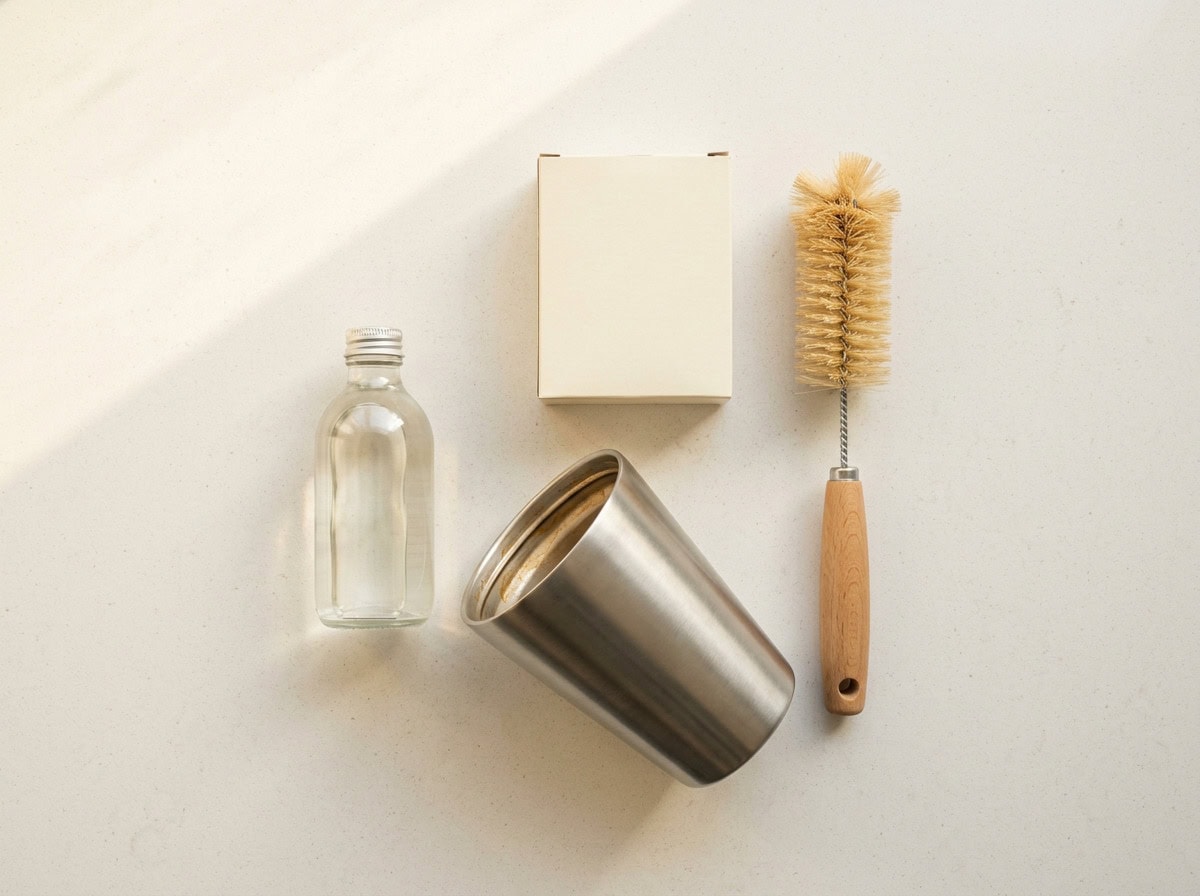 Tumbler Stain Removal Supplies — Stainless Steel Tumbler Care Baking soda vinegar and bottle brush for removing tumbler stains — care supplies