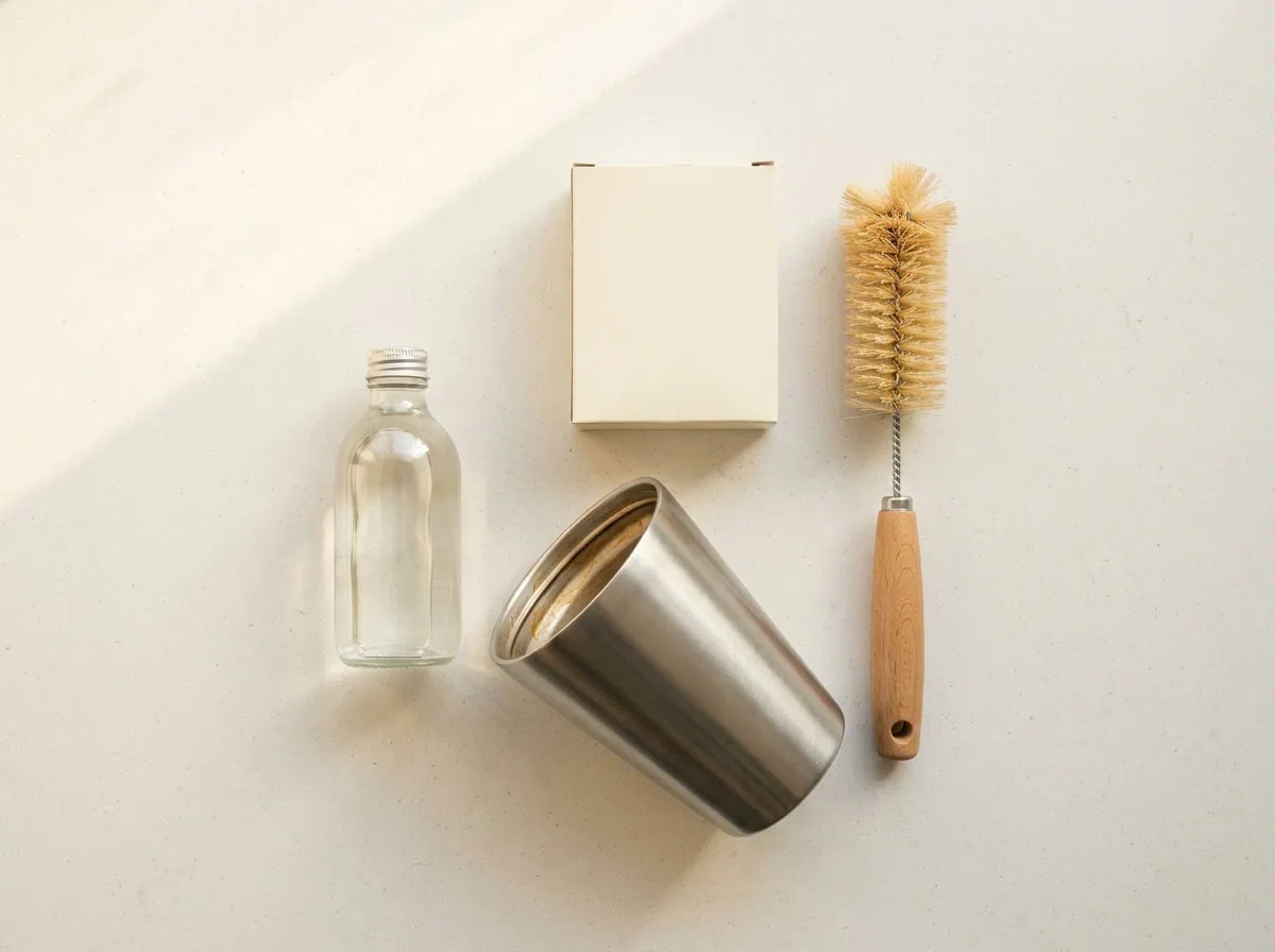 Baking soda vinegar and bottle brush for removing tumbler stains — care supplies