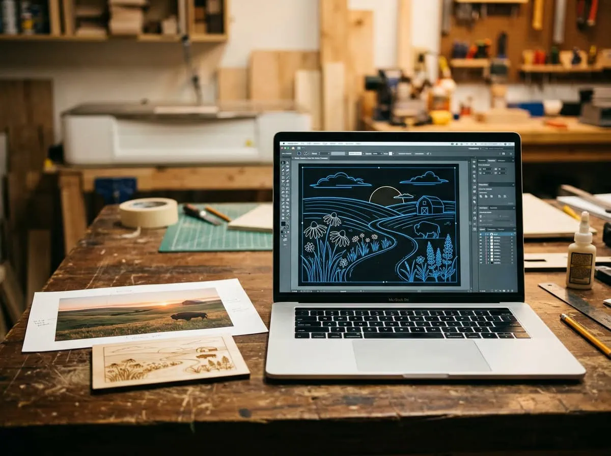 Vector design software showing laser cutting file on workshop computer Grey Barn Handwerk