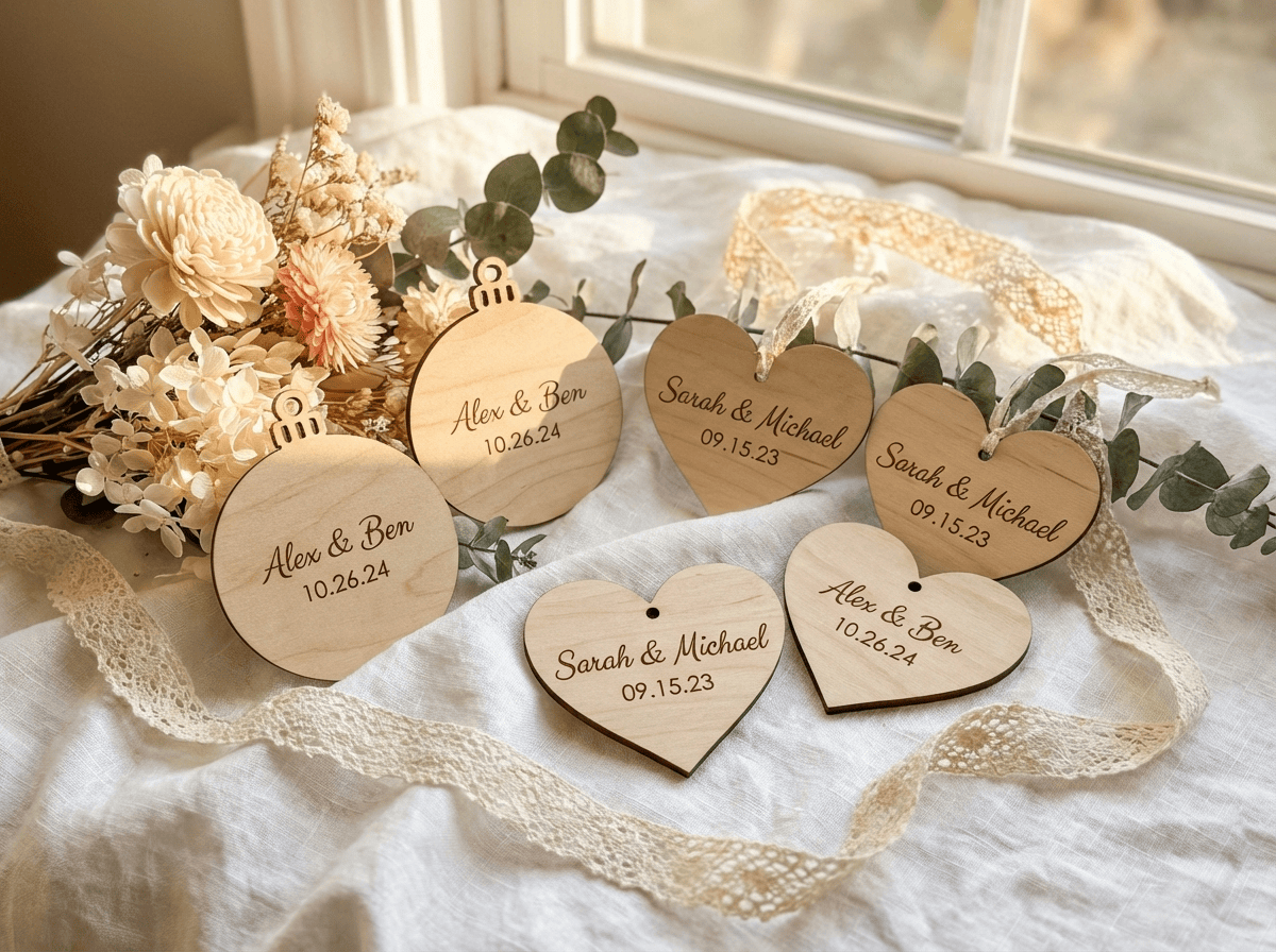 Wedding Favour Ornaments — Grey Barn Handwerk Saskatchewan Custom wedding ornament favours with couples names — Saskatchewan wedding gifts