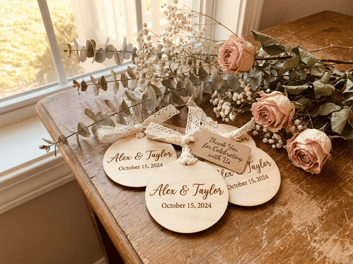 Wedding Favours — Saskatchewan Gift Guide Grey Barn Handwerk Custom laser-engraved wedding favour ornaments featured in the Grey Barn Handwerk Saskatchewan gift guide.