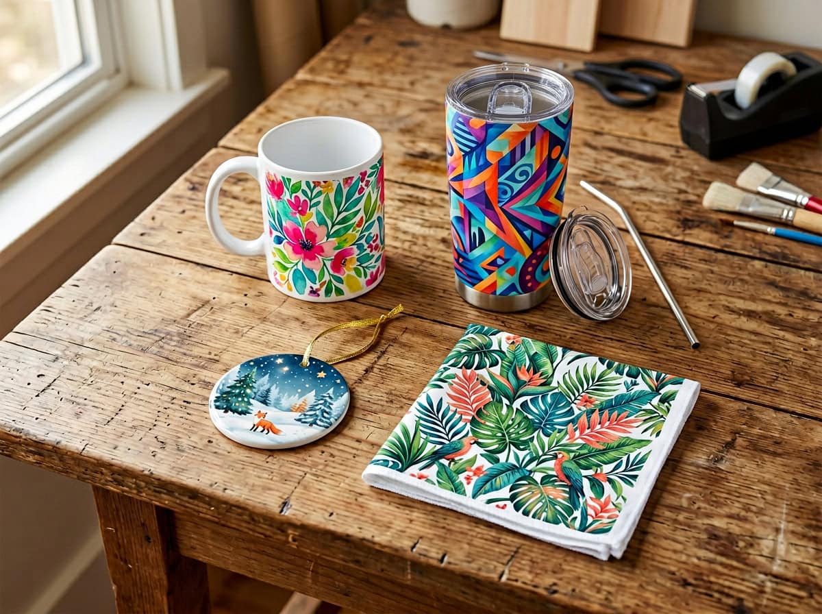 What Can Be Sublimated — Grey Barn Handwerk Products Various sublimation products — mug tumbler ornament and fabric with vibrant designs