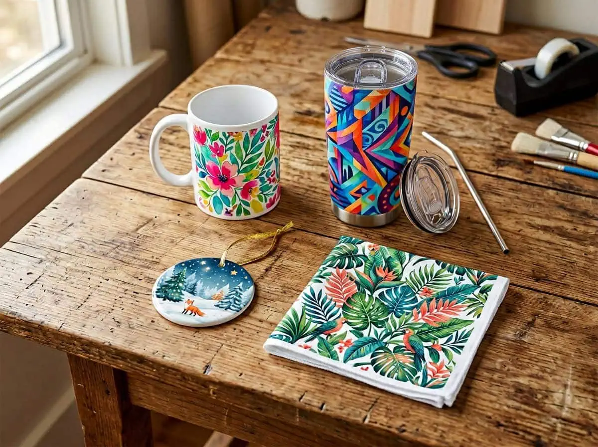 Various sublimation products — mug tumbler ornament and fabric with vibrant designs