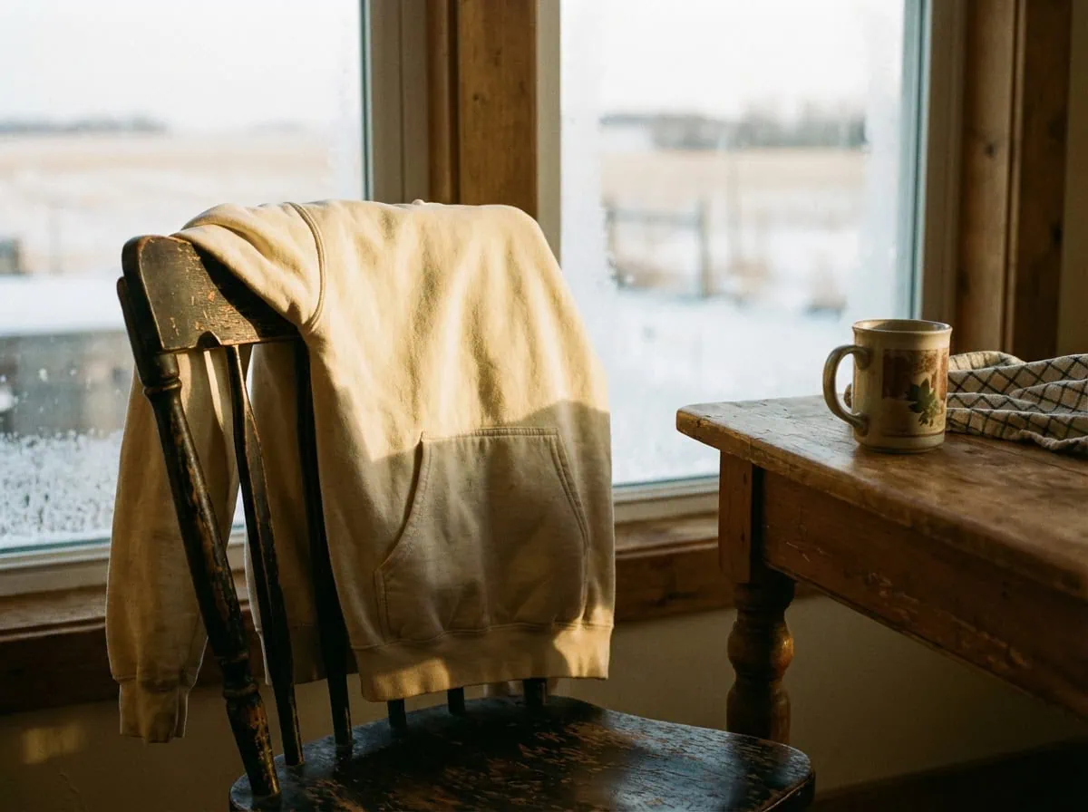 Bunnyhug hoodie draped over kitchen chair with coffee mug — Saskatchewan morning
