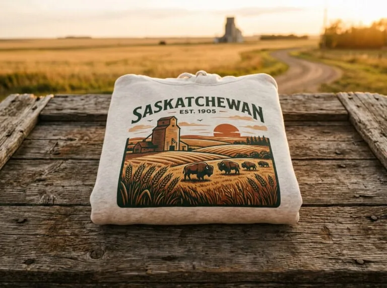 What is a bunnyhug — Saskatchewan hoodie with prairie design on rustic barn wood