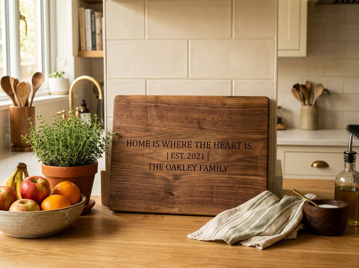 Personalized cutting board from Grey Barn Handwerk displayed on a kitchen counter — a custom Saskatchewan handmade gift in its everyday home